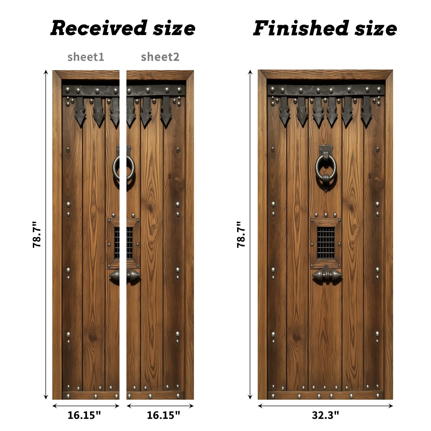 Self Adhesive Vinyl Refrigerator Wrap Set Rustic Medieval Wooden Doors Iron Accents Knocker Door Mural Removable Fridge Sticker Peel and Stick&nbsp;Full Door Cover Decal Kitchen Bar Decor