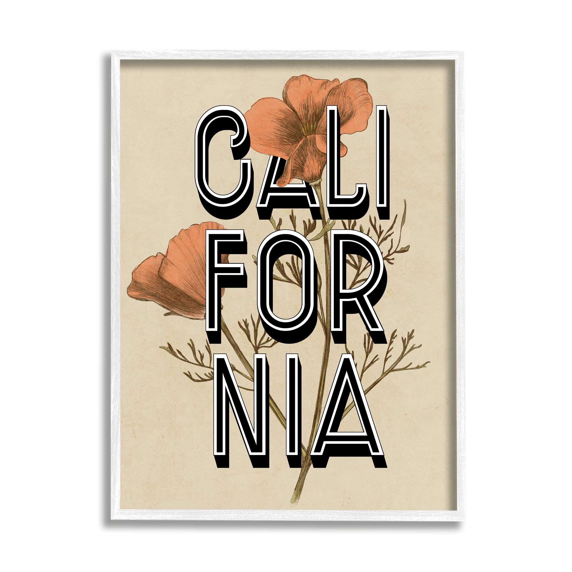 Stupell Industries California State Floral Typography Poppy Sprig Blossom Graphic Art White Framed Art Print Wall Art, Design by Daphne Polselli