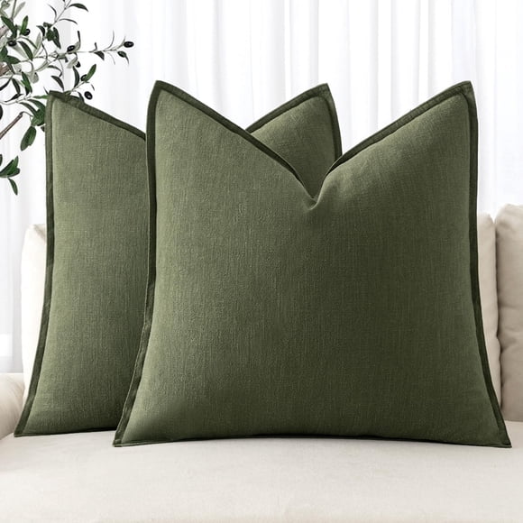2 Pack Linen Pillow Covers 24x24 Inch Dark Olive Green Throw Pillowcases Flange Edges Farmhouse Home Decor