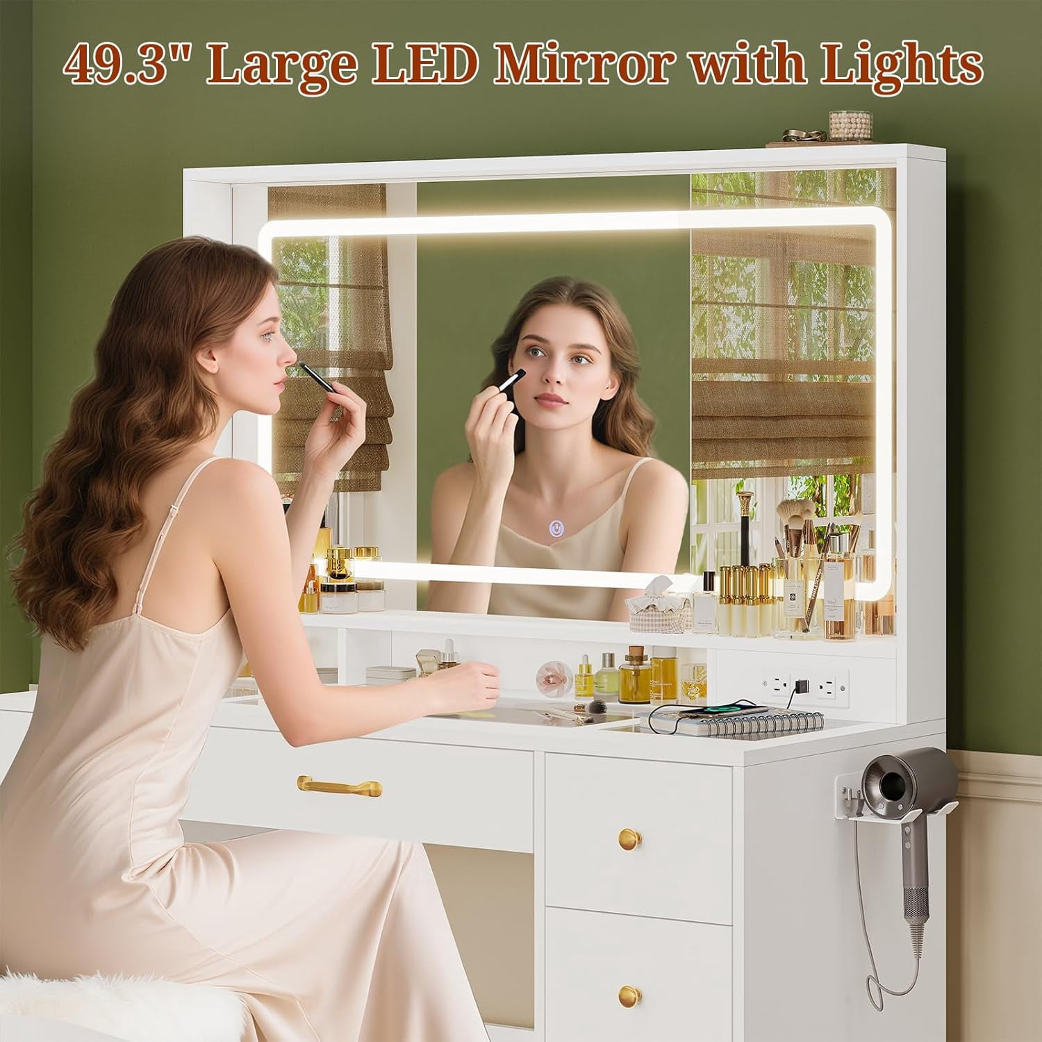Vanity Desk With Large LED Mirror and Lights, Makeup Table With 6 Drawers and Power Outlet, Rolling Makeup Cart, Modern Storage Dressing Table, White