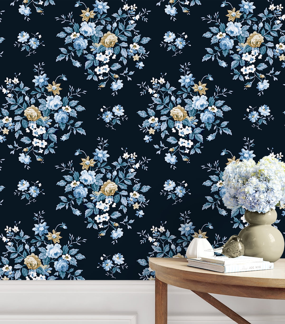 NextWall  Floral Bunches Peel and Stick Wallpaper 20.5 in. W x 18 ft. L - Midnight Blue & Toffee
