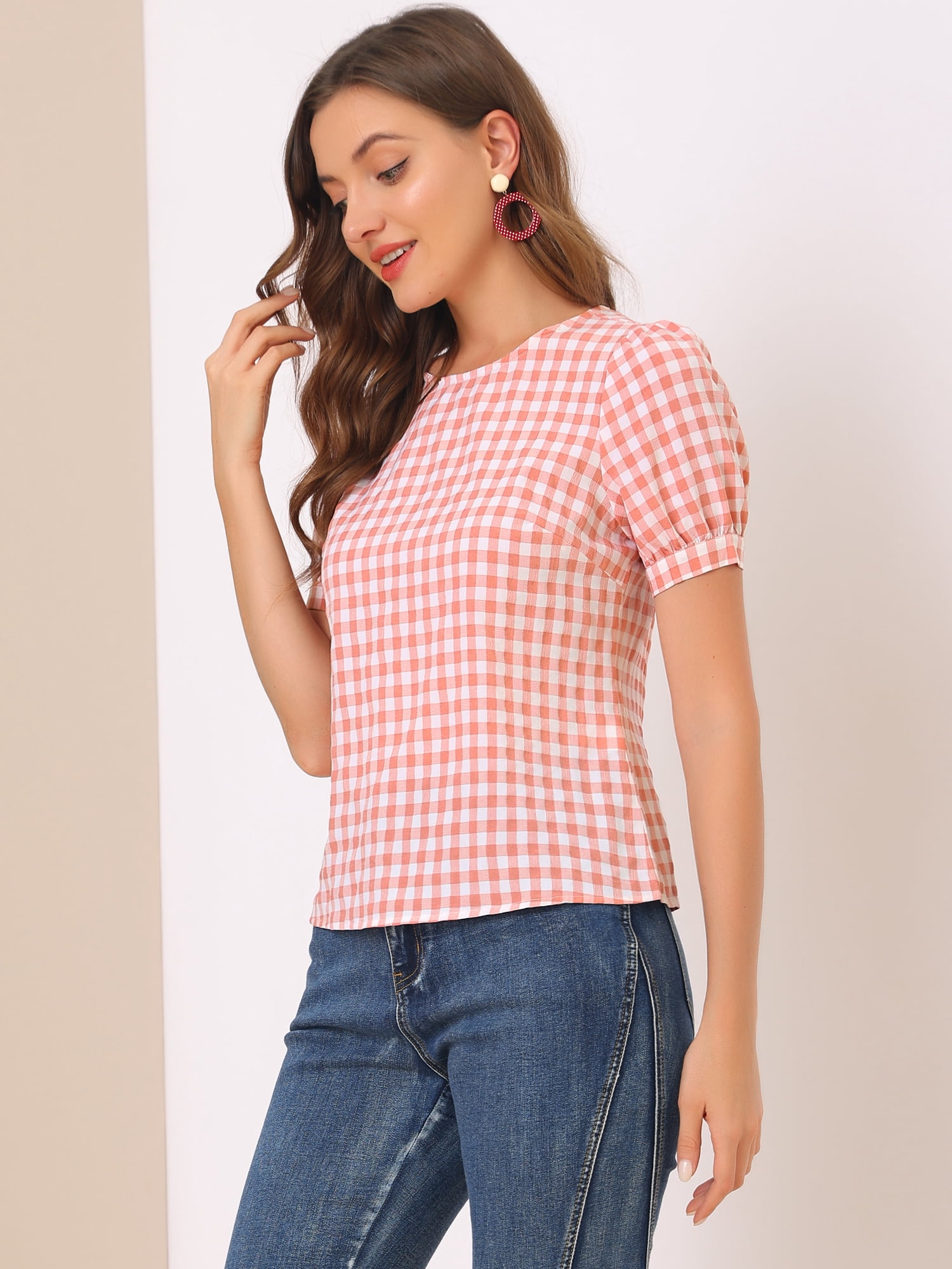 DARING DIVA Women's Gingham Crew Neck Puff Short Sleeve Blouses 3XL Watermelon Pink