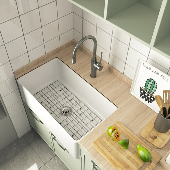 Farmhouse Kitchen Sinks Single Bowl Apron Undermount Vessel 30"x18"x10" Sink with Grid and Strainer