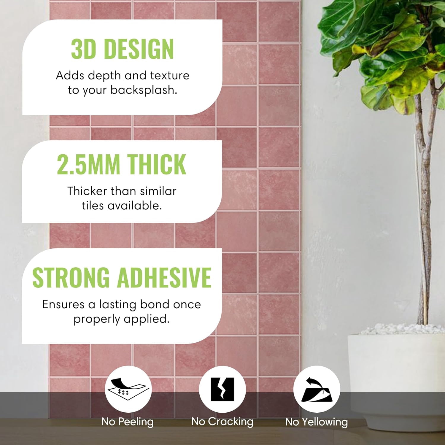 Select 5 Pack Peel and Stick Backsplash Square Tiles, Extra Thick 3D Wall Panels, Heat & Water Resistant, Easy DIY Kitchen, Bathroom, Laundry, Fireplace & Rental Home Wall Décor (12 x 12 in), Pink