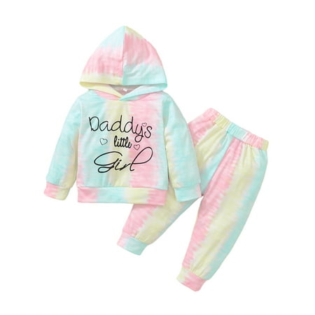 

PBaeM Daddy s Little Girl Tie Dye Jumper Hooded T-Shirt 2 Piece Pants Outfit Sets