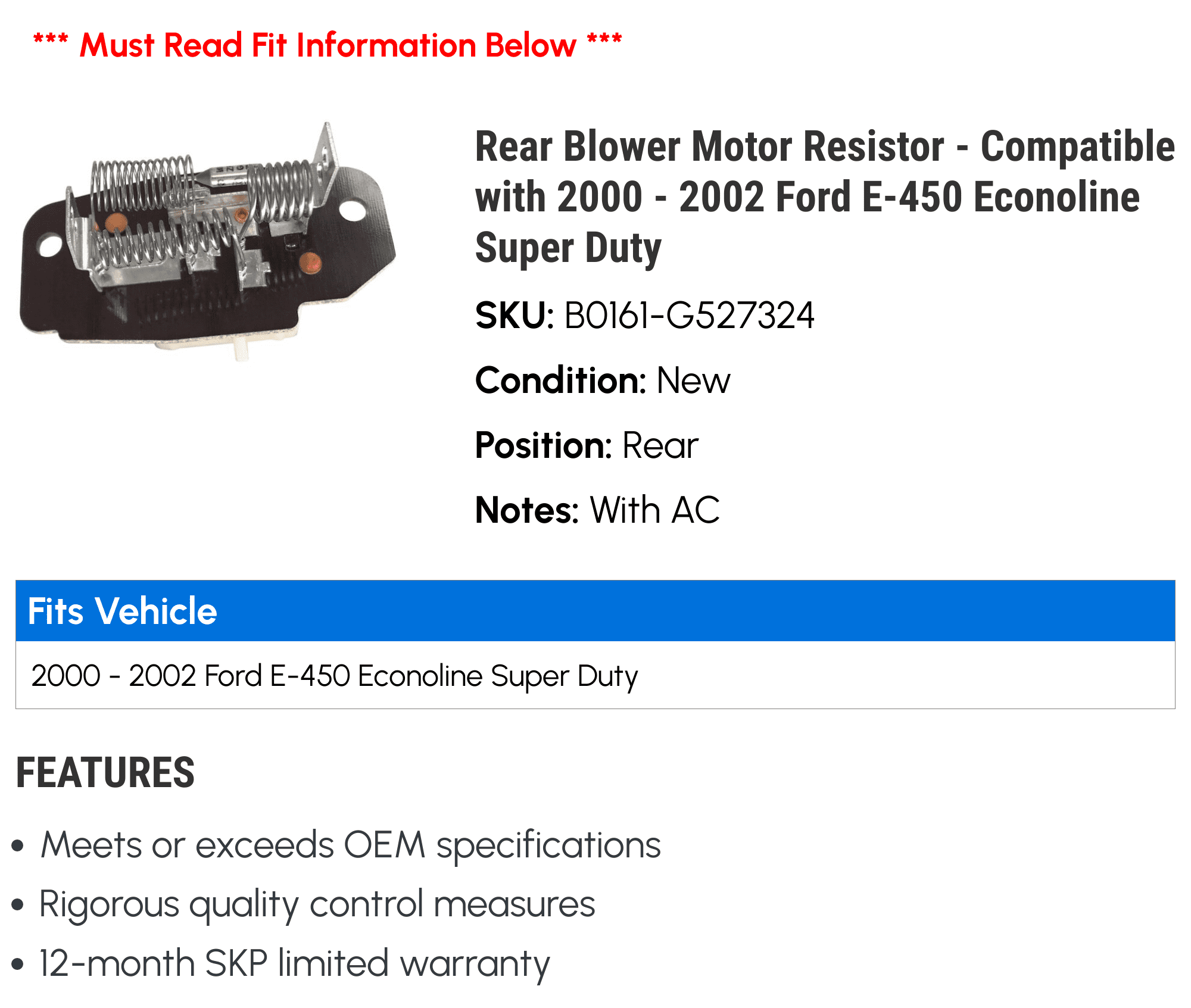 Rear Blower Motor Resistor - Compatible with 2000 - 2002 Ford E-450 Econoline Super Duty 2001