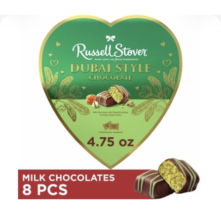 RUSSELL STOVER VALENTINE'S DAY DUBAI STYLE MILK CHOCOLATE CANDY PISTACHIO & KATAIFI HEART GIFT BOX