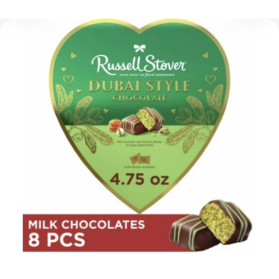 RUSSELL STOVER VALENTINE'S DAY DUBAI STYLE MILK CHOCOLATE CANDY PISTACHIO & KATAIFI HEART GIFT BOX