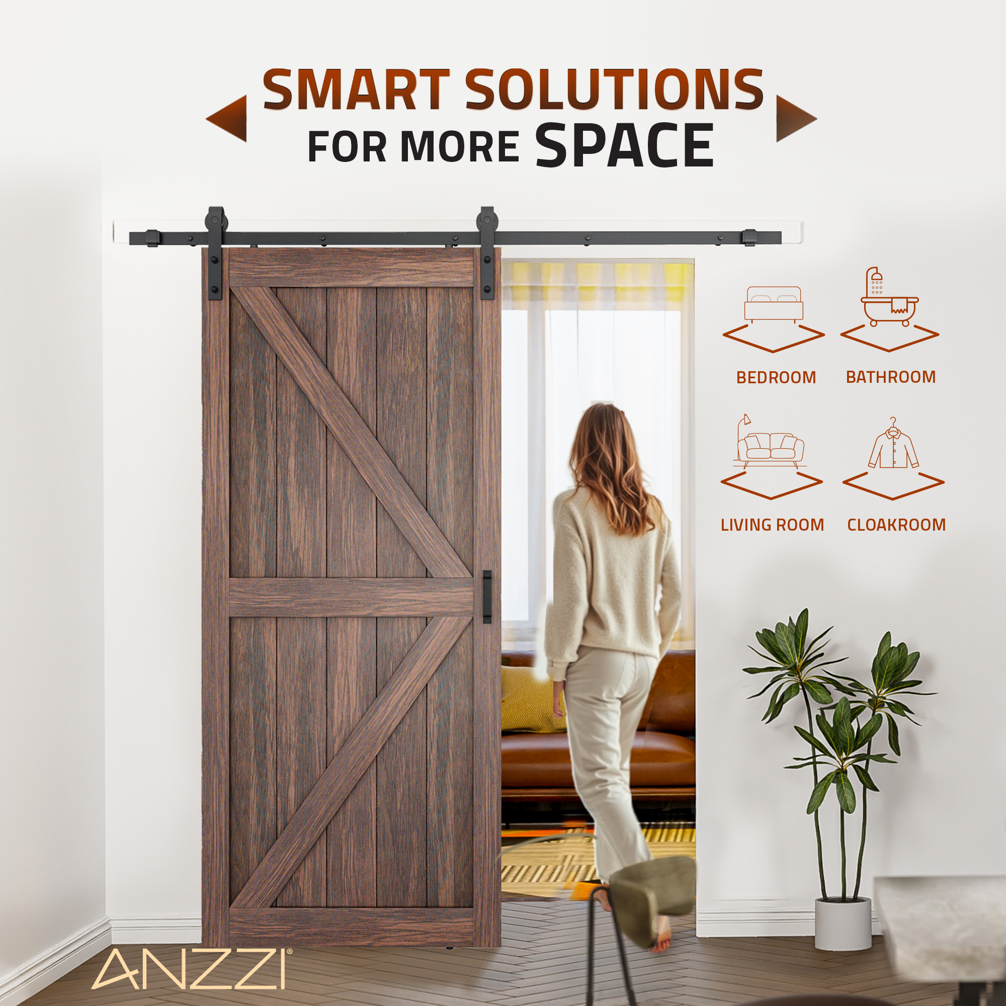ANZZI Heavy Duty Sturdy Sliding Barn Door - 36x84'' Brown Sliding Wood Single Slide Door - Solid Core MDF + PVC - Knockdown Design - Barn Doors and Hardware Included - Space-Saving Solution