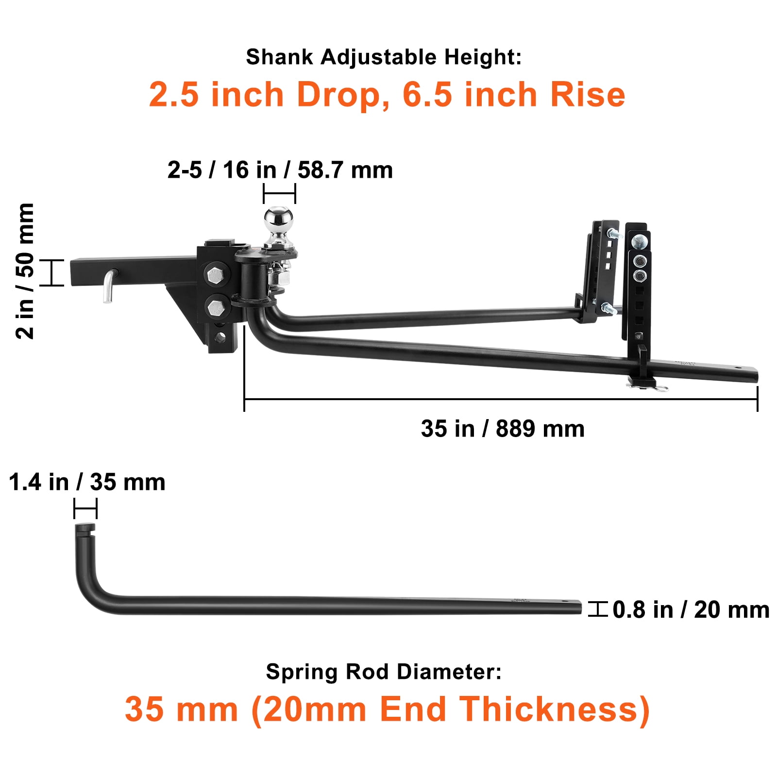 KFFKFF Weight Distribution Hitch, 1,000 lbs Capacity with Sway Control, 2-Inch Solid Steel Shank, 2-5/16 Inch Alloy Steel Ball, Durable Powder-Coated Load Leveling Hitch, Black