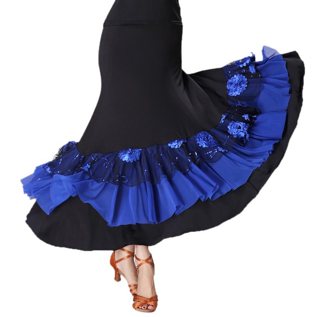 Larga de Mujer Cintura Alta Elástica Bordado de Lentejuelas Tejido se Seda de Leche Vestido para Baile Latino, Flamenco, Cha Chca Black + Royalblue Baoblaze Vestido de baile latino