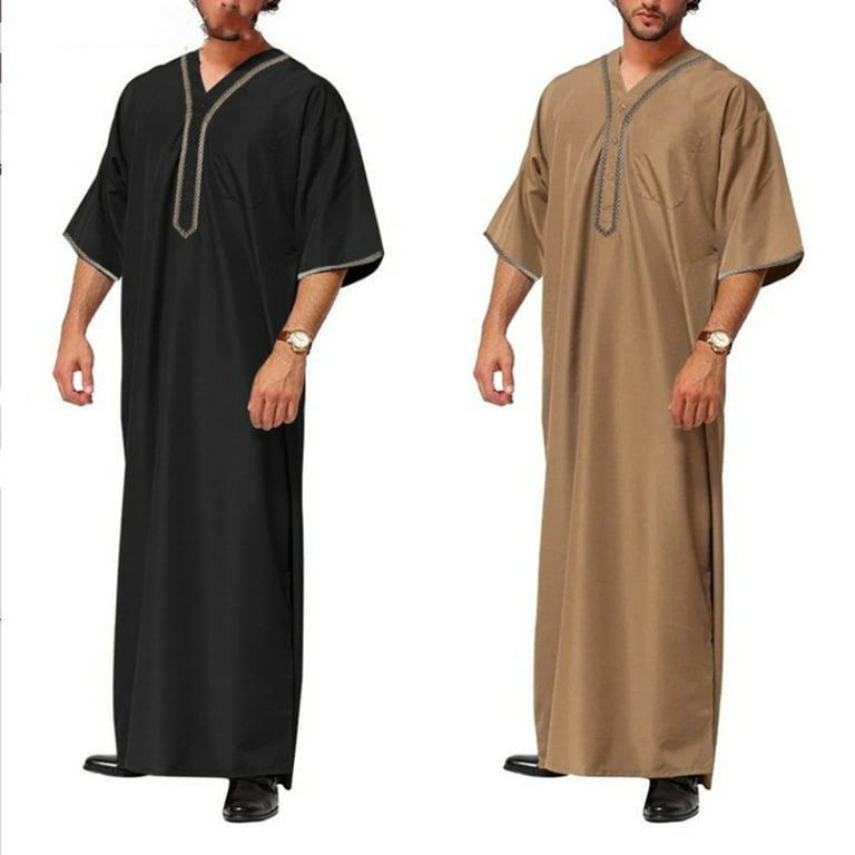ALSLIAO Mens Muslim Clothing Saudi Jubba Arab Kaftan Abaya Thobe Long Dress  Robe Black M 