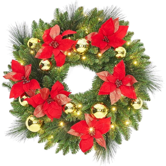 Senfot 24" Pre-Lit Artificial Christmas Wreath with 50 LED Lights, Frosted Pinecones & Berries, Winter Greenery for Front Door, Indoor/Outdoor Christmas Decor, Red & Gold Holiday Wreath