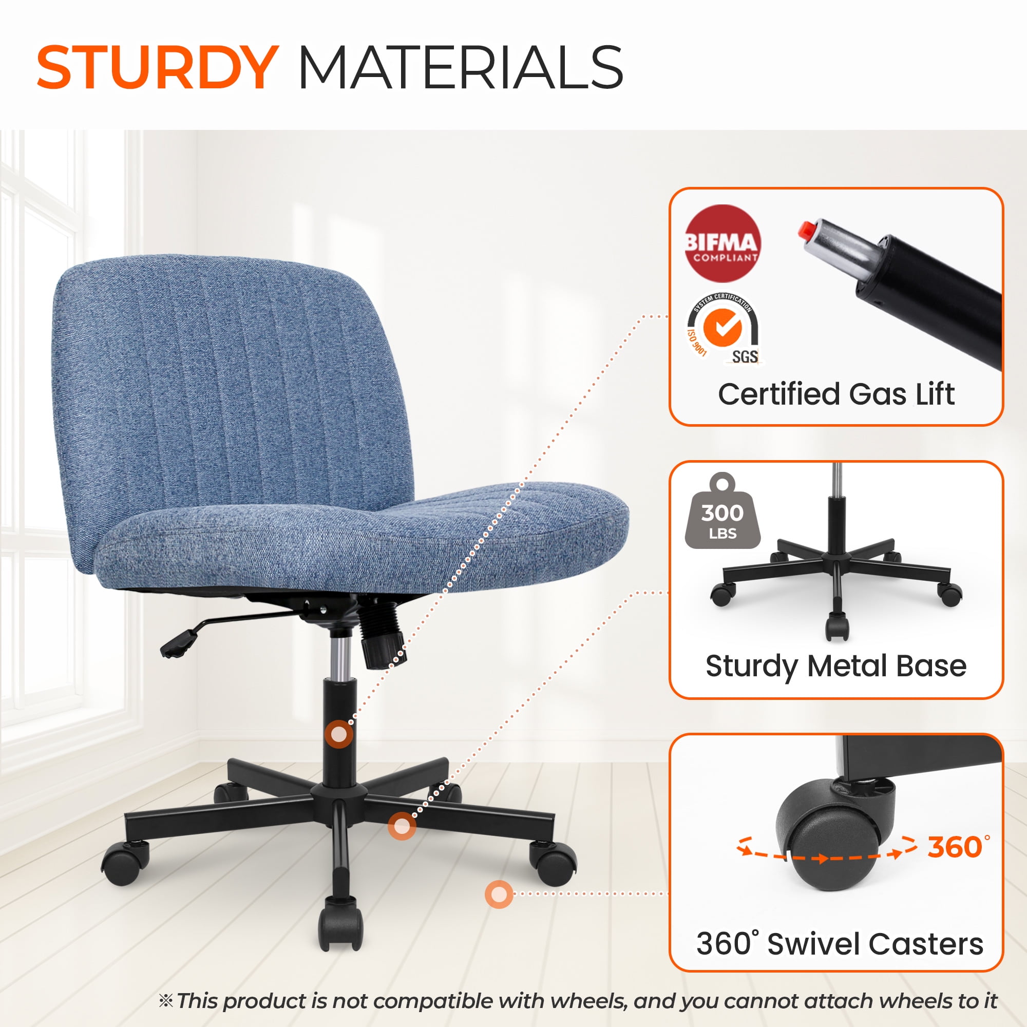Orange Factory Criss Cross Chair Wheels Wide Cross Legged Office Desk Vanity Chair Comfy Fabric Armless Adjustable Swivel for Home Computer Task (Blue Wheel, Fabric)