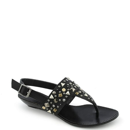 

Studded Low Heel Wedges Sandals Thong Black Faux Leather