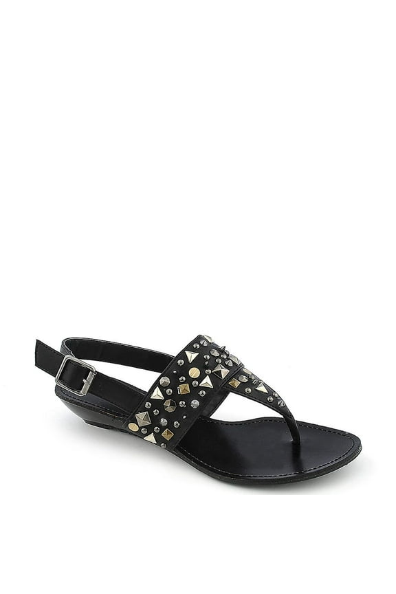 Studded Low Heel Wedges Sandals Thong Black Faux Leather
