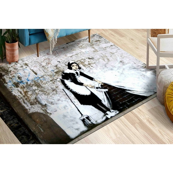 Maid Sweeping Rugs, Abstract Rugs, Banksy Rug, Banksy Woman Rug, Hallway Rug, Gift For Him, Indoor Rug, Corridor Soft Rug, Gift For Him, 2.3'x3.3' - 70x110 cm