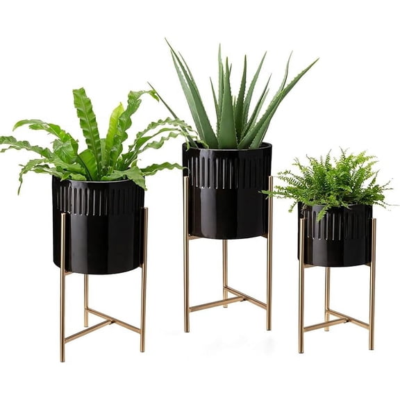 Mid Century Plant Stand with Pot Set of 3 Modern Metal Planters with Stands Flower Pot Holders Perfect for Indoor Outdoor Plants Plant Stand NOT Adjustable, Glossy Black