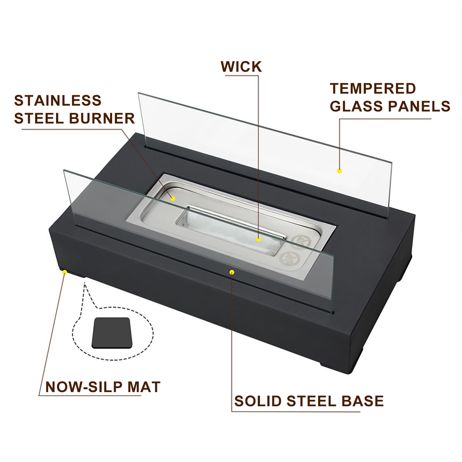Behome 14” Firepit Desk Top, Stainless Steel Rectangle Fire Pit, Fire Bowl with Glass Wind Guard, Black