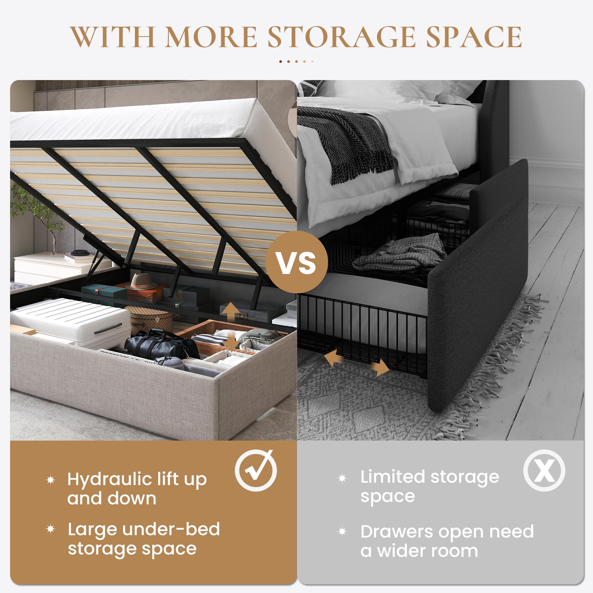 Sha Cerlin King Size Lift Up Hydraulic Storage Bed Frame, Platform Bed with Fabric Upholstered Wingback Headboard, No Box Spring Needed, Beige