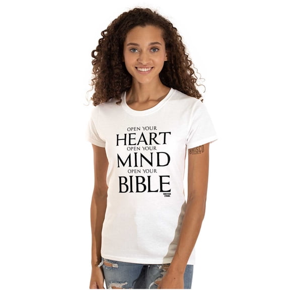 Open Your Heart Mind Bible Faith Womens Slim Fit Graphic Tee Brisco Brands S