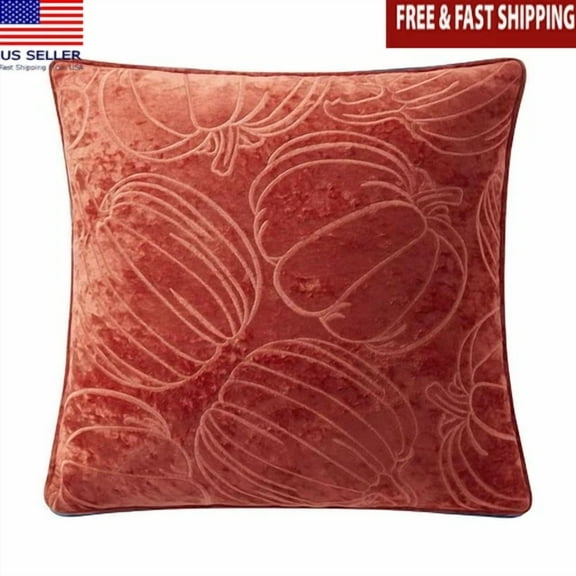 Embroidered Pumpkin Decorative Pillow Cozy Velvet Accent 18X18 Fall Indoor New