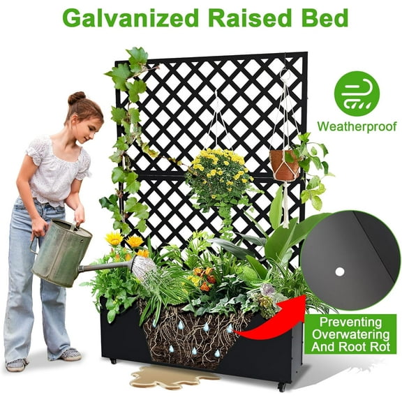 Rugerasy Metal Planter Box with Trellis,Planter Boxes with Trellis Privacy Screen,with Wheels & Drainage Holes-for Climbing Plants Flower Vegetable,Decor for Backyard,Front Porch,Balcony,Black