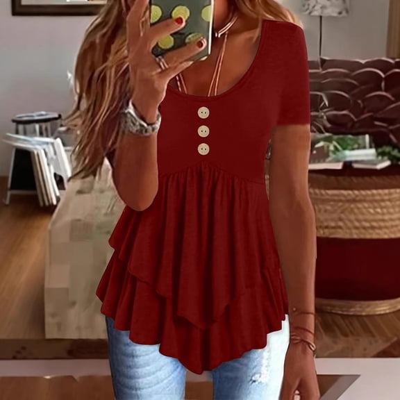 Womens Summer Tops Casual Button Solid Color Short Sleeve Round Neck Workout Tops Wine Tee Shirts S-2XL