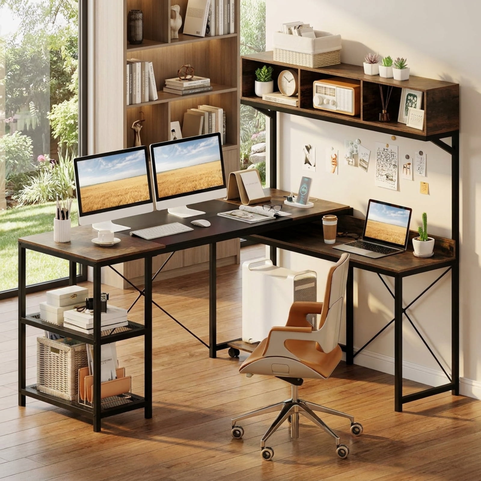 Furnibear L-Shaped Computer Desk with Power Outlets 62 Inches Corner with Storage Hutch Writing Workstation Home Office for Bedroom Study, Brown