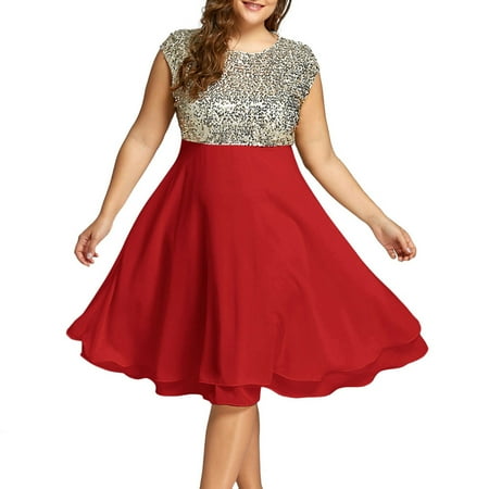 

Wyongtao Women Plus Size Dresses O-Neck Solid Sleeveless Zipper Chiffon Sequined Dress Cocktail Dresses，XL