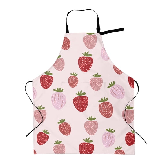 TEQUAN Adjustable Waterproof Apron with Pockets, Red Pink Strawberry Fruit Printed Cooking Kitchen Aprons