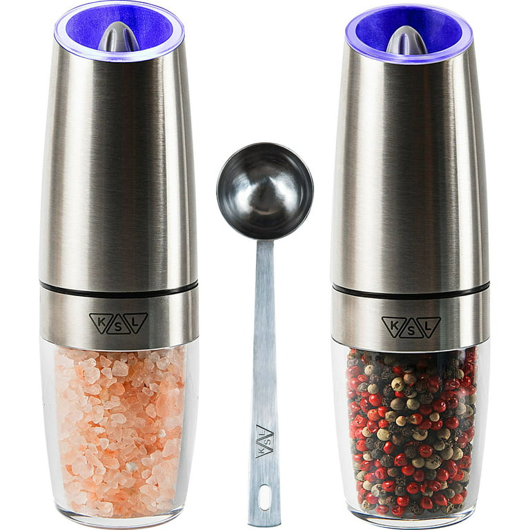 KSL Gravity Electric Salt and Pepper Grinder Set - Battery Operated Mill, Automatic  Shaker with Light, Silver 
