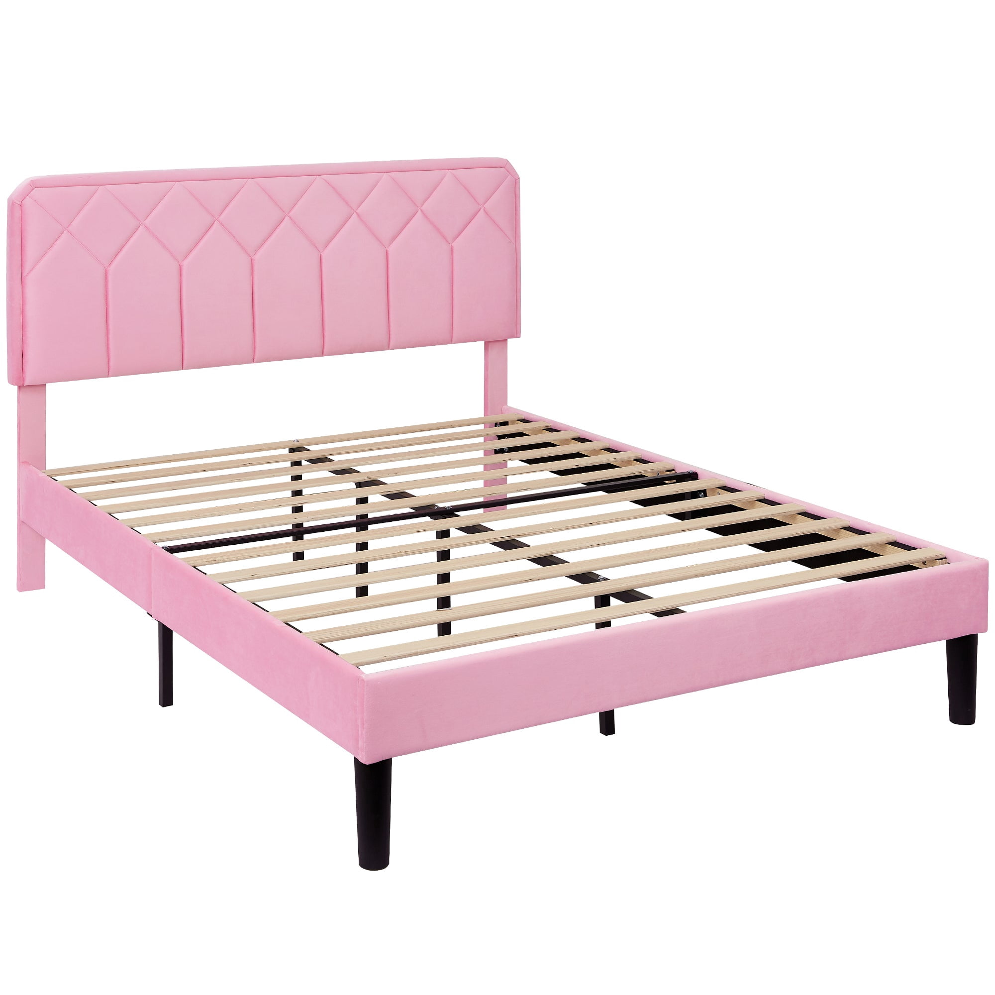 Taomika, Queen Size Tufted Nailhead Upholstered Platform Bed Frame with Adjustable Headboard-Pink