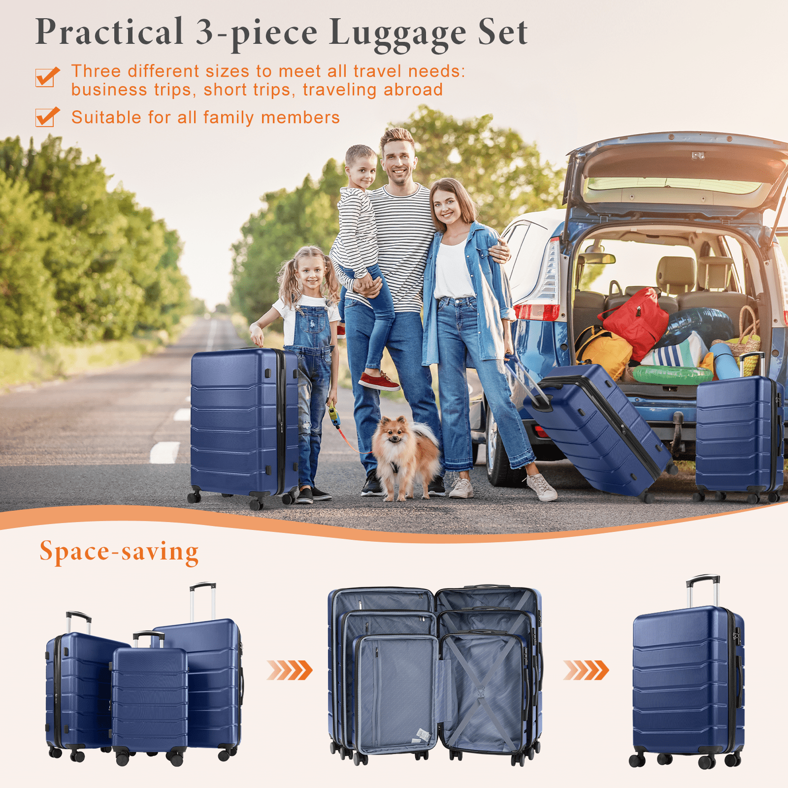 MAYEERTY 20/24/28" 3-Piece Hardside Luggage Spinner Wheels Expandable TSA Lock Lightweight Roller Suitcase Blue