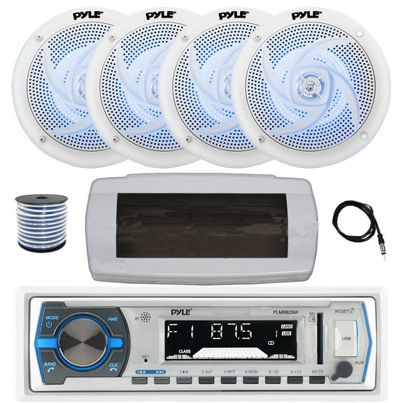 Pyle PLMRB29W Single DIN Bluetooth Marine MP3 AM/FM Stereo Receiver with White Cover, 22" Radio Antenna, Wire, 4x 4" 100 Watt Max 2-Way  Blue Flashing LED Boat Audio Speakers (White)