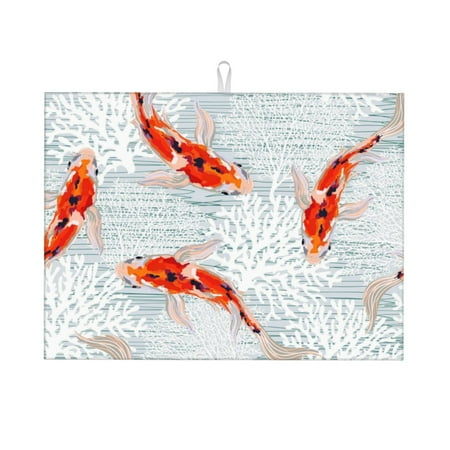 

Tebeau Koi Fish Corals Spring Summer Print Dish Drying Mat for Kitchen Counter Dish Drying Pad with Non-slip Rubber Backed Hide Stain Anti Absorbent for Kitchen Counter Drying Mat