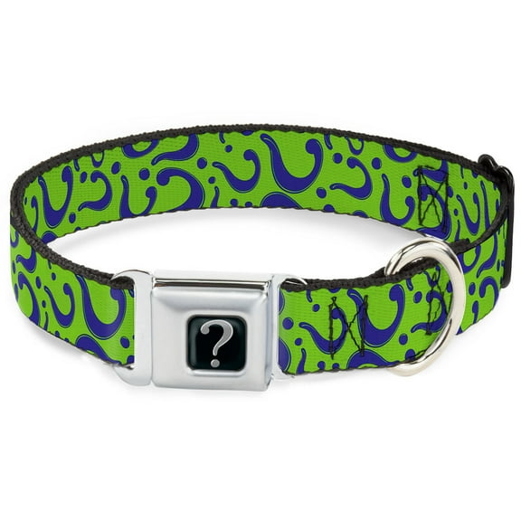 DC Comics Pet Collar, Dog Collar Metal Seatbelt Buckle, Question Mark Scattered Lime Green Purple, 20 to 31 Inches 1.5 Inch Wide
