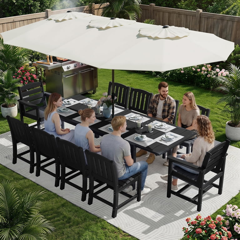 60 inch outdoor patio dining table umbrella Patiomore Table, 60" x 37"Outdoor Rectangular Metal Table,1.57" Hole, for Backyards, Porches, Gardens or Poolside, Black Warm tip SERWALL 12-Piece Outdoor Dining Set