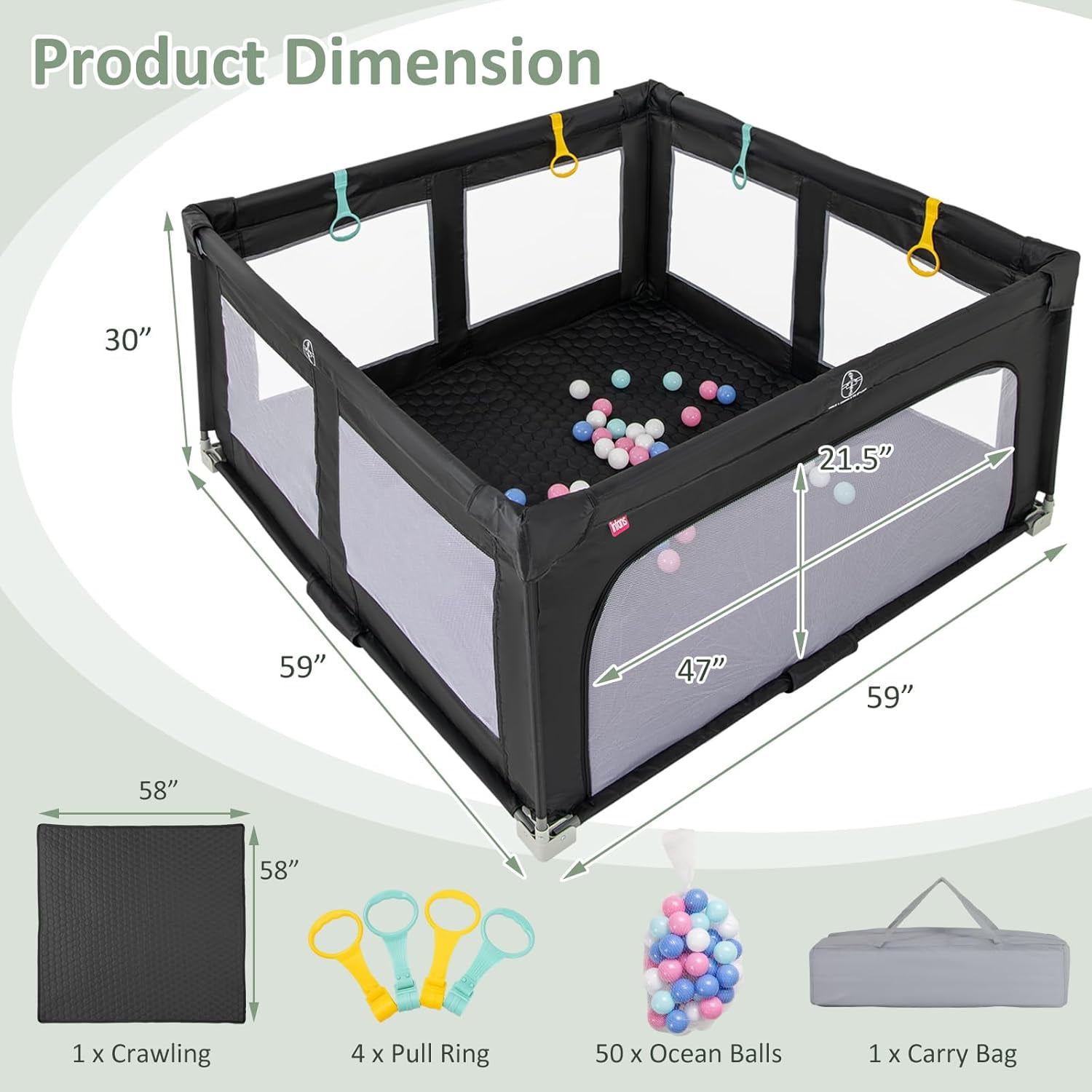 INFANS Foldable Baby Playpen with Mat, 59” x 59” Large Baby Play Yard for Infant with 50 Ocean Balls, 4 Handlers, Carry Bag, Indoor Outdoor Fence Toddler Activity Center