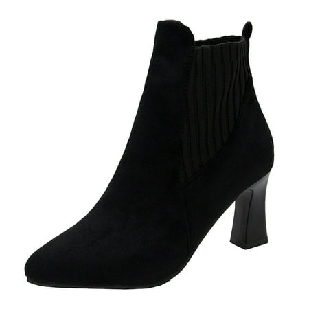 

EUHDSSDE Women Ankle Boots Autumn And Winter Pointed Toe Solid Color Knitted Stitching Comfortable Square Heel