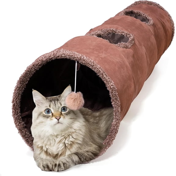 51"x 12" Collasiple Cat Play Tunnel, Cats Tubes and Tunnels, Cat Foldable Hide and Seek Tunnel Toy, Brown Suede Pet Tube Toy for Rabbits, Ferrets, Puppy, Diameter 12 Inch