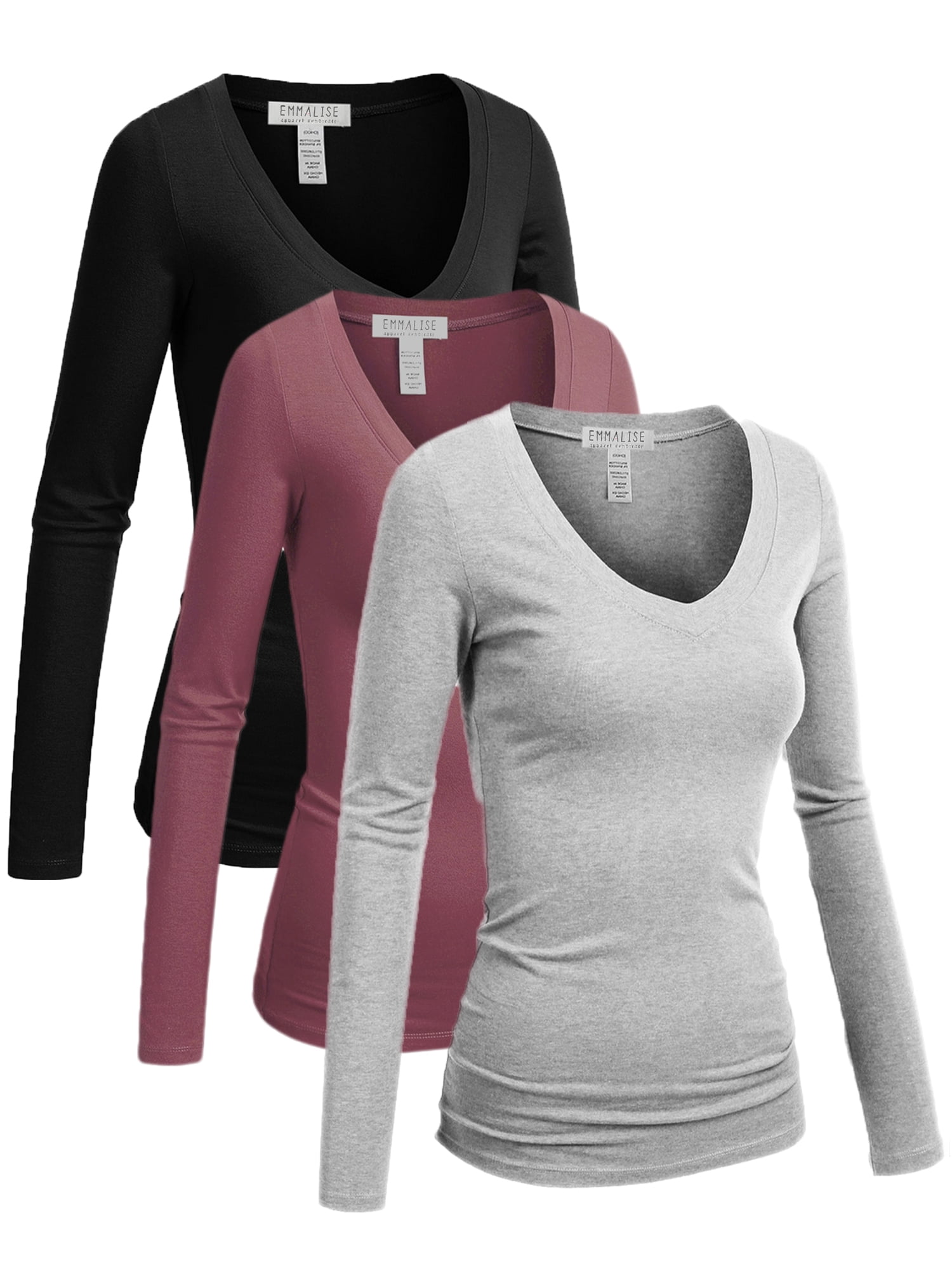 Emmalise Women's V-Neck Long Sleeve T-Shirt 3-Pack | Soft Stretchy Basic Tees In Navy, Rosy Pink & Burgundy