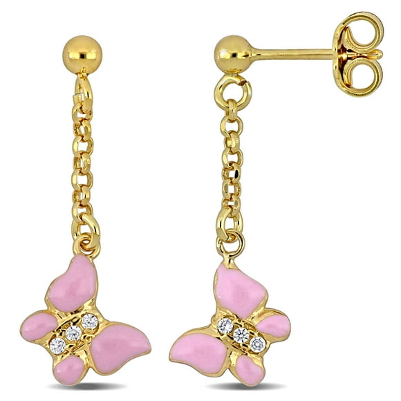 Miabella Cubic Zirconia Pink Enamel Butterfly Drop Earrings in Yellow Plated Sterling Silver