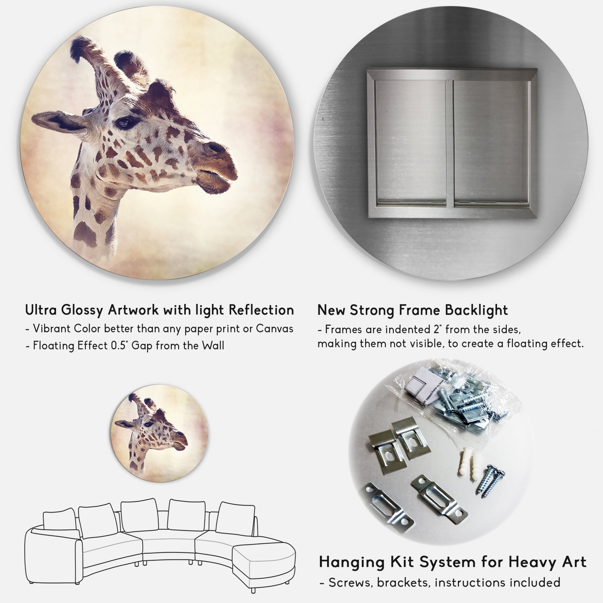 Designart 'Close Up Portrait of A Giraffe VII' Farmhouse Circle Metal Wall Art 36x36 - Disc of 36