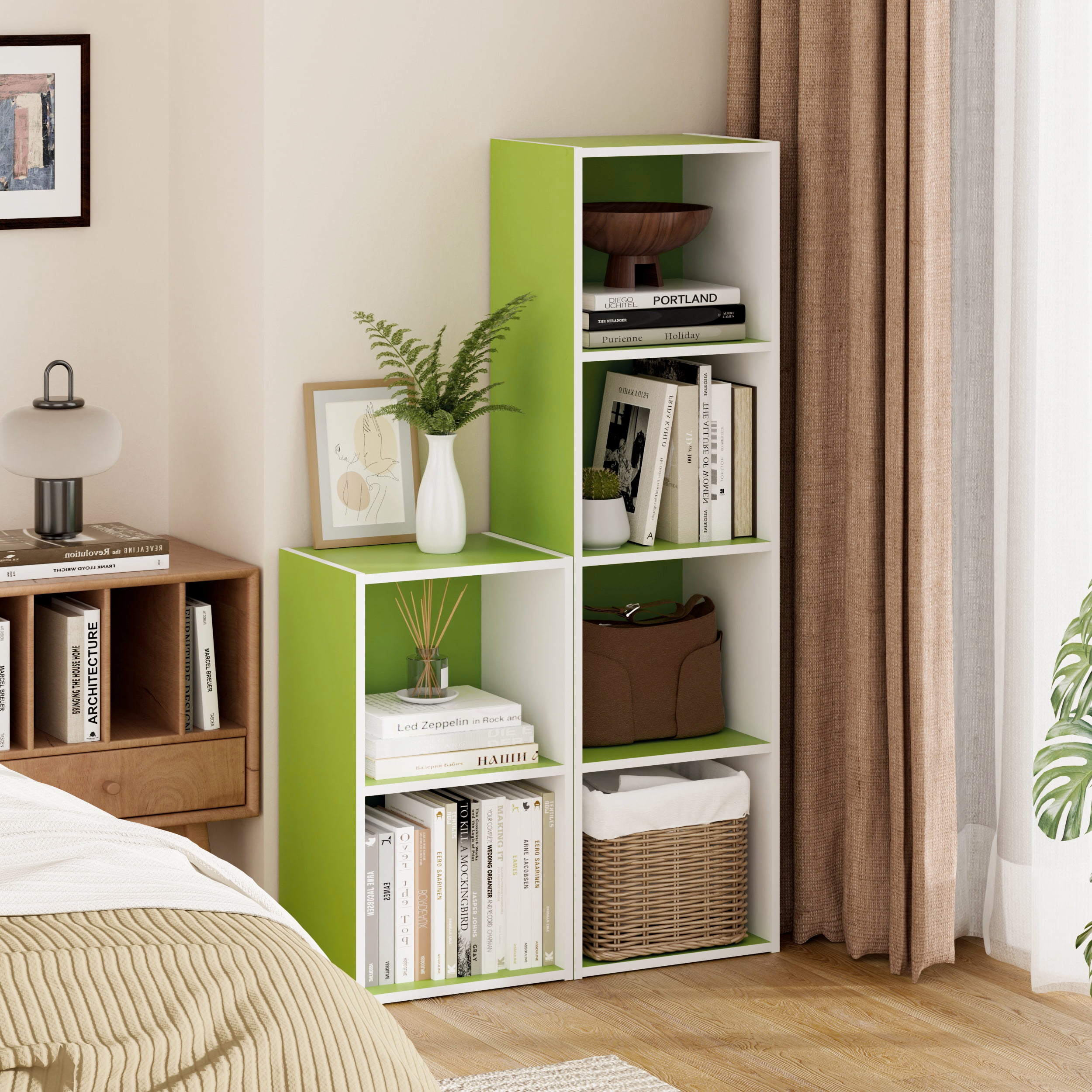 HOMLUX 9" x 12" x 42" Storage Shelf 4 Tier Cube Bookcase, Suitable for Small Space, White & Green