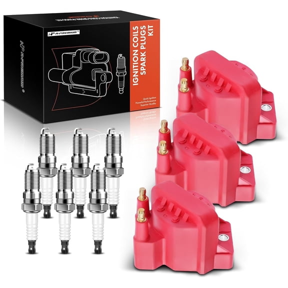 A-Premium 3x (Red) Ignition Coil Pack and 6x Iridium Spark Plugs Compatible with Chevrolet Malibu Impala Venture Buick LaCrosse Cadillac Pontiac Oldsmobile