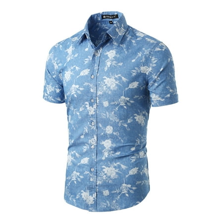 Men Floral Print Long Sleeve Button Down Hawaii Shirt Light Blue/S (US