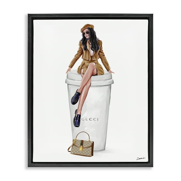 Stupell Industries Chic Lady on Coffee Cup People Painting Black Floater Framed Canvas Art Print Wall Art, 17 x 21