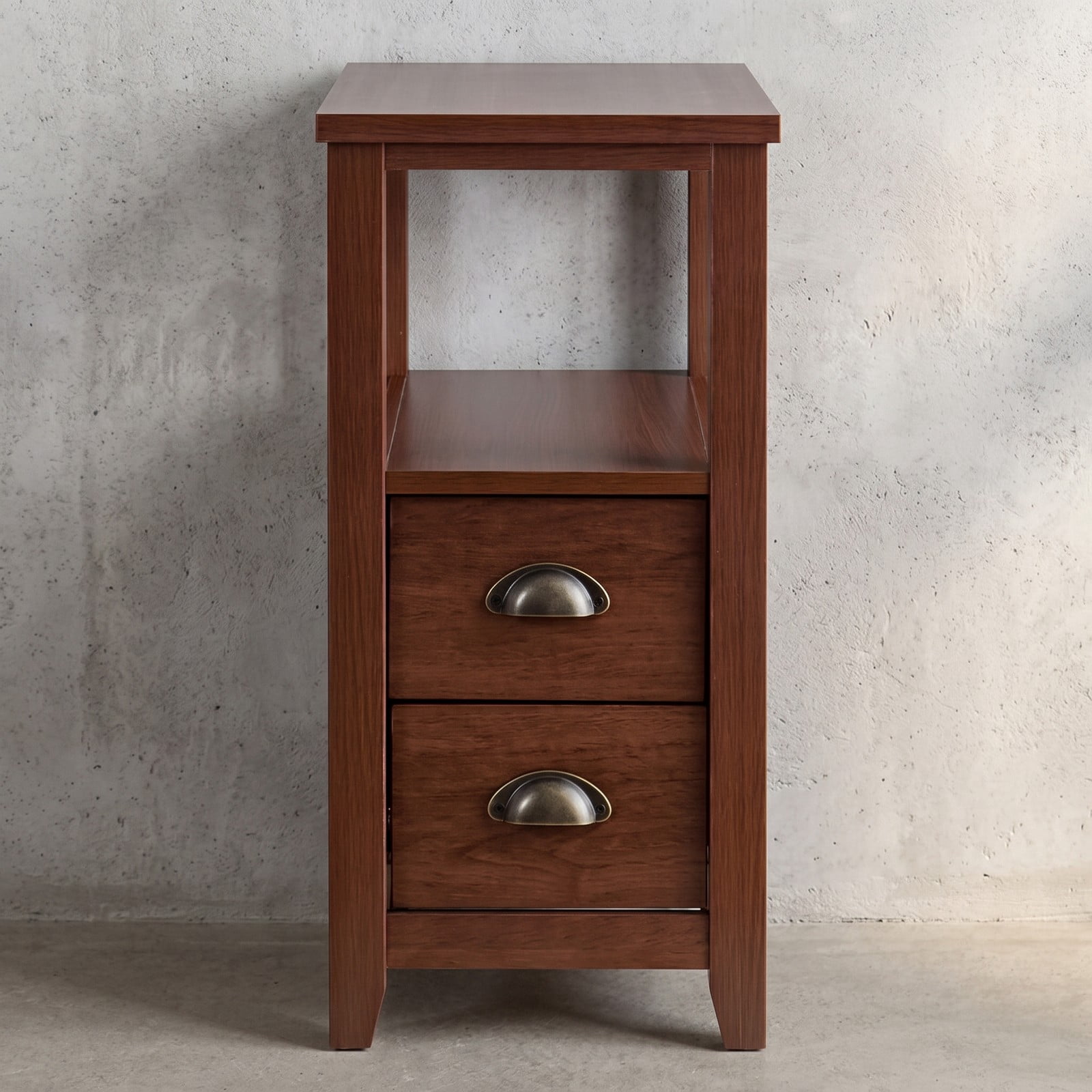 Furnibear Narrow Nightstand with 2 Drawers and Open Shelf Wooden Bedside End Table for the Bedroom and Living Room, Brown