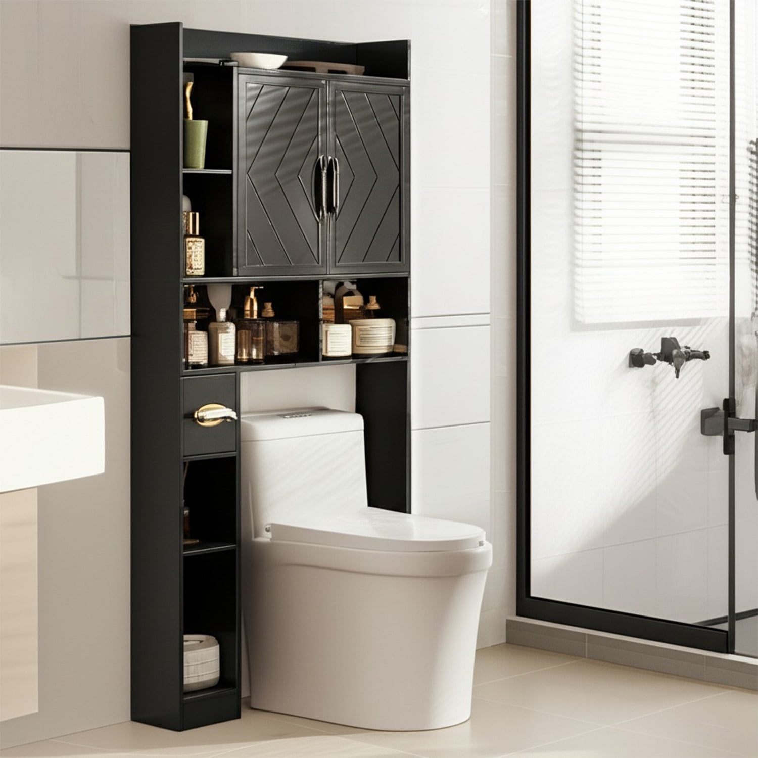 DIYART 67.8" H Over The Toilet Storage Cabinet with Adjustable Shelves & Toilet Paper Holder, Farmhouse Over Toilet Bathroom Organizer, Double Door Toilet Cabinet for Bathroom, and Laundry, Black
